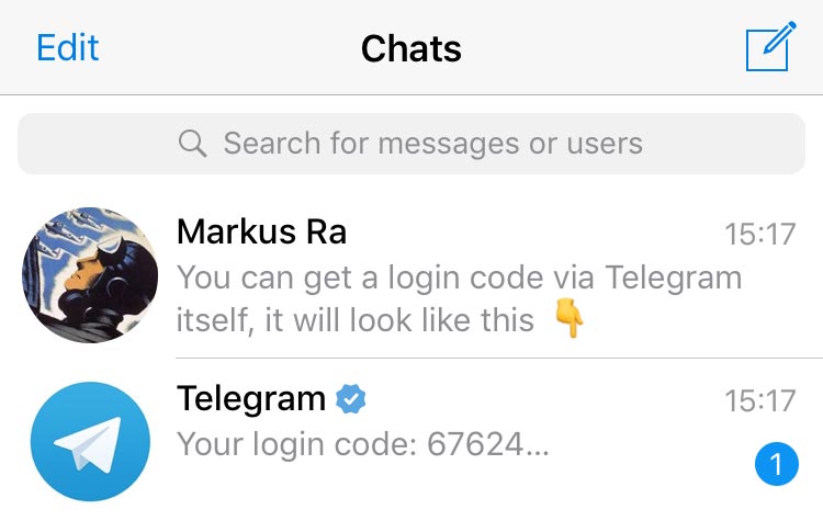 Telegram giriş doğrulama kodu mesajı örneği